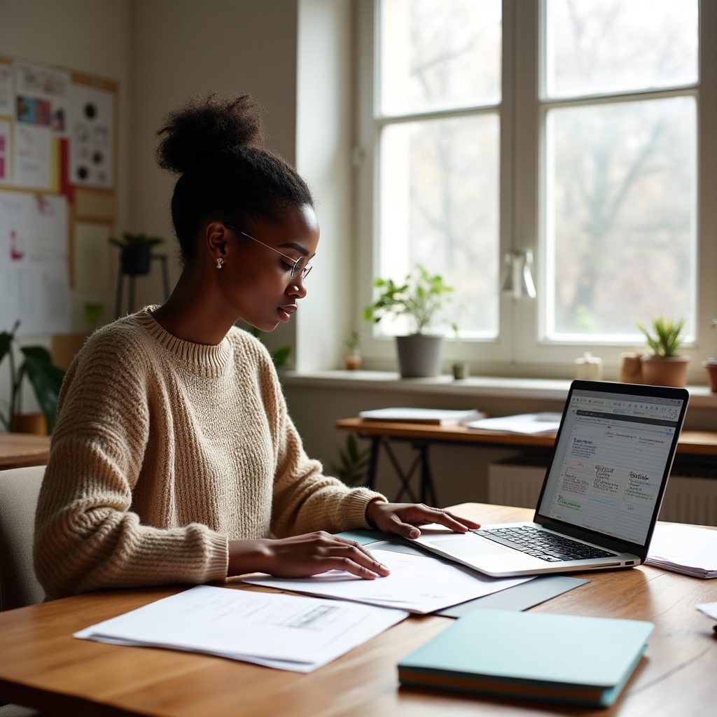 Selbstständige Designerin vergleicht Zahlen auf Papier mit einer Tabelle am Laptop