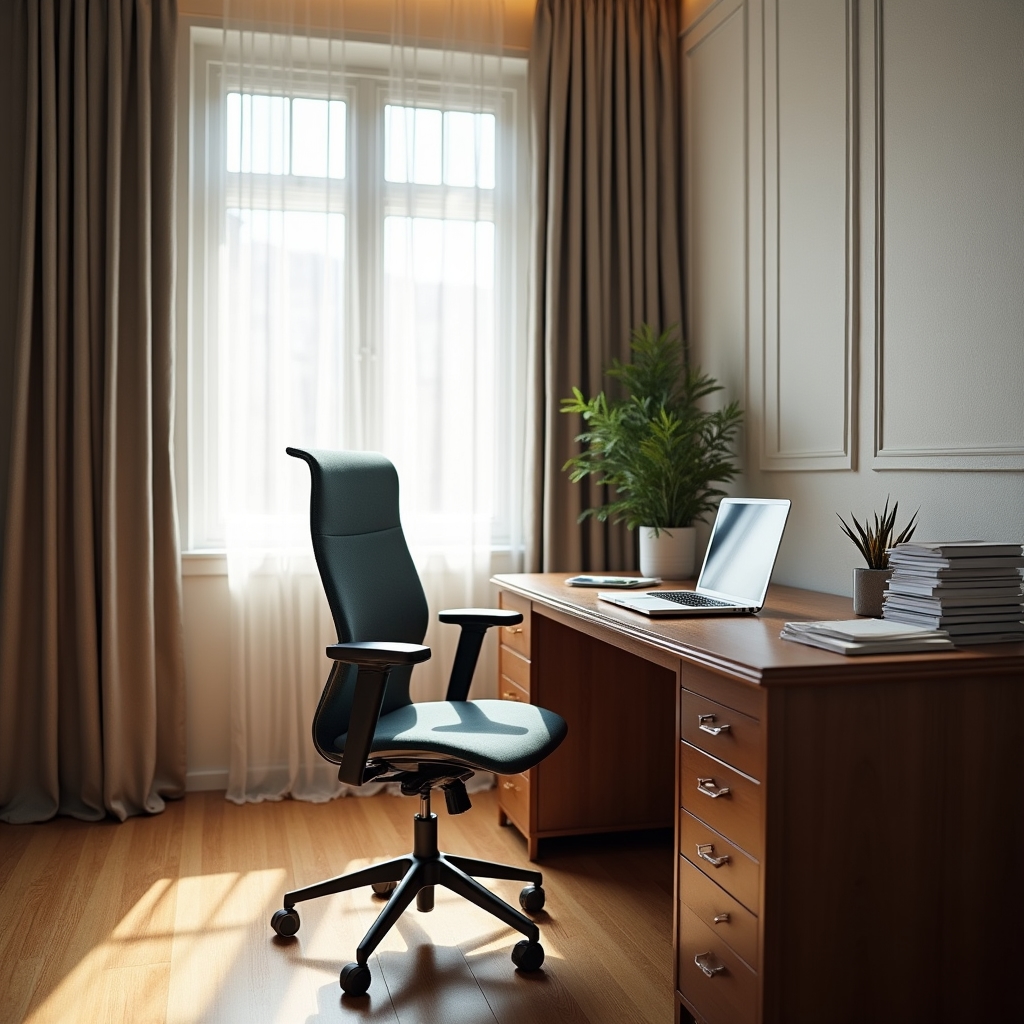 Blick auf einen ruhigen Arbeitsplatz mit Schreibtisch und Tageslicht